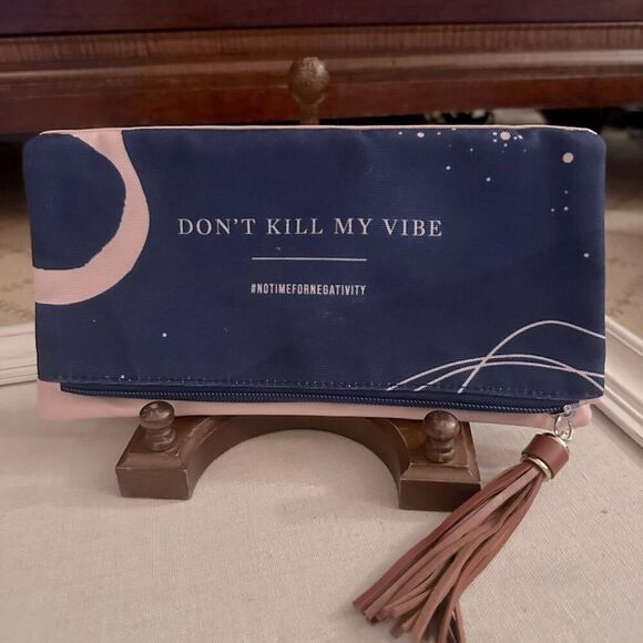 Blue and pink fold over zipper clutch “Don’t Kill My Vibes”. NWOT - Picture 1 of 7